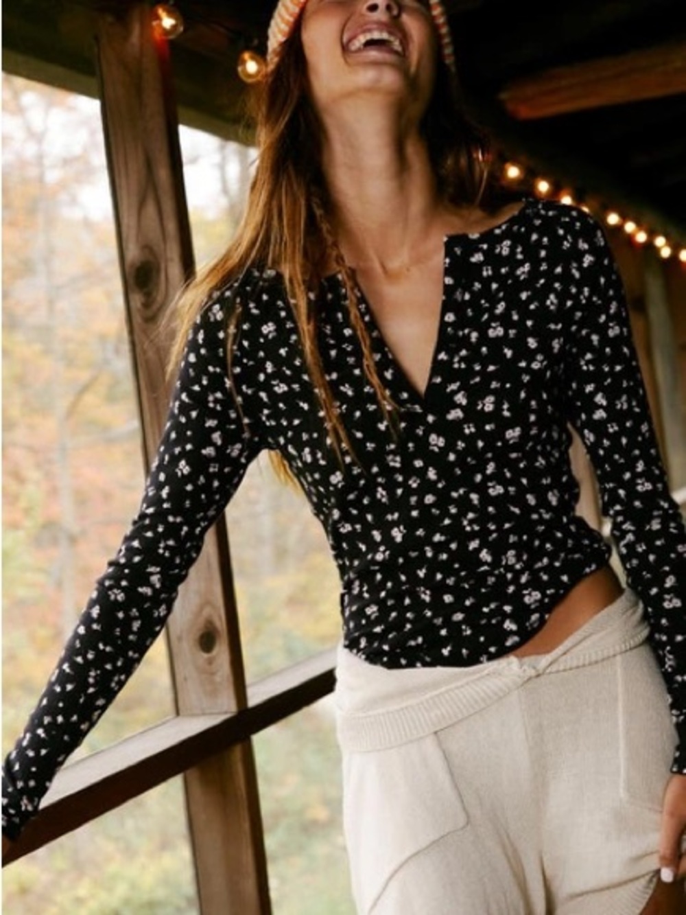 Free People Billie Split Neck Layering Top Black Floral Long Sleeve Tee
